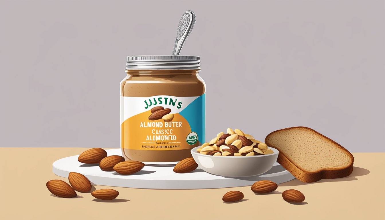 A jar of Justin's Classic Almond Butter surrounded by a variety of nuts and almonds, with a spoonful of creamy butter being spread on a slice of toast