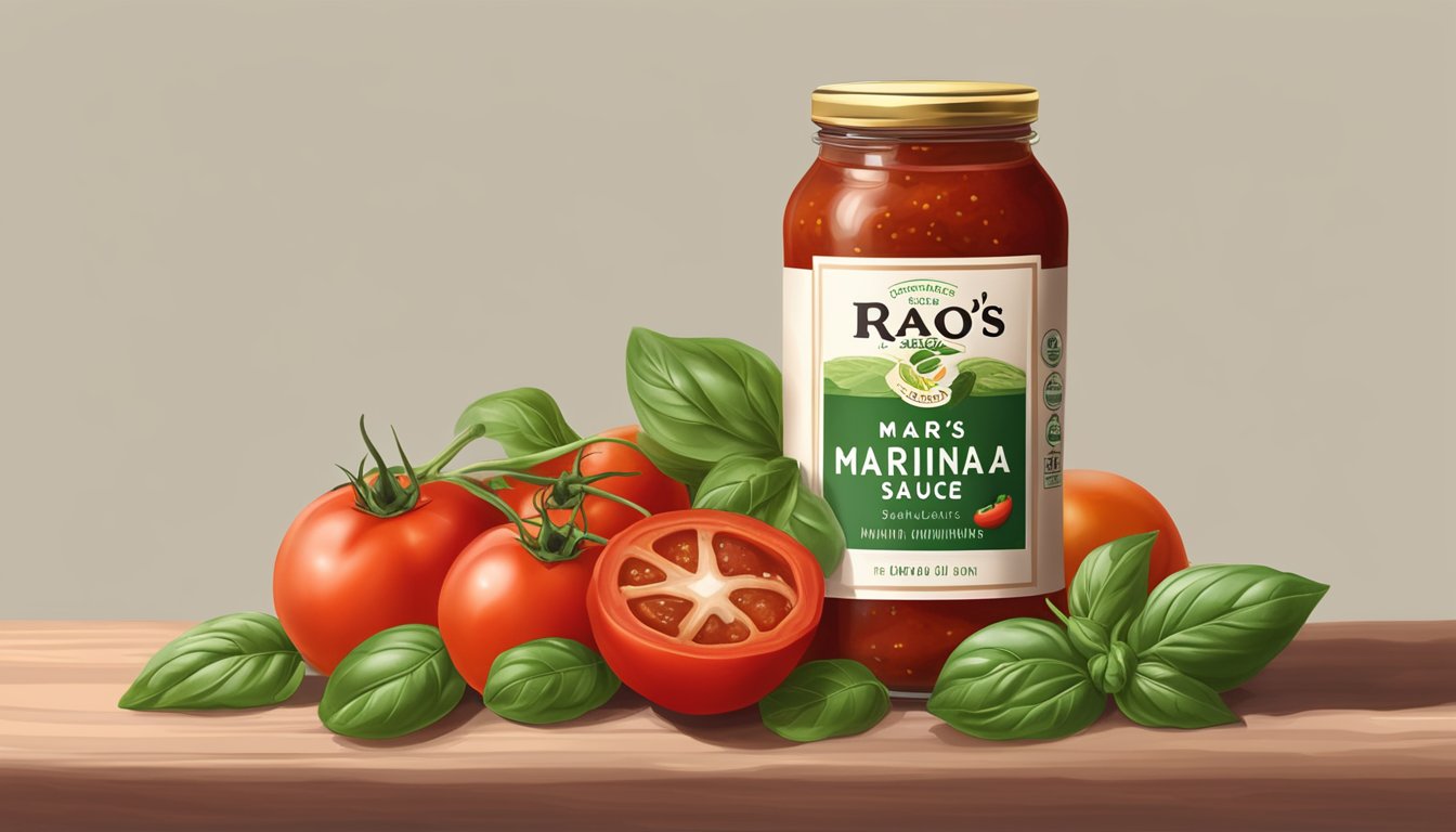 A jar of Rao's Homemade Marinara Sauce surrounded by fresh tomatoes, basil, garlic, and olive oil