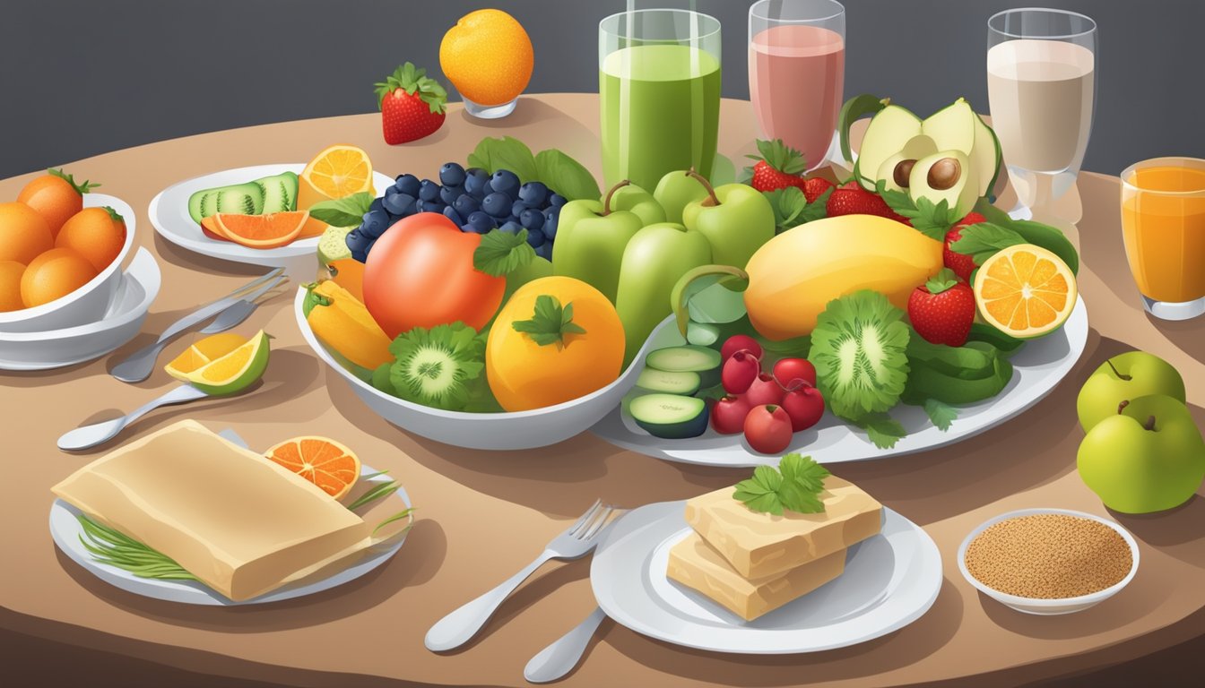 A table set with a balanced meal of colorful fruits, vegetables, lean proteins, and whole grains, surrounded by a serene and peaceful environment