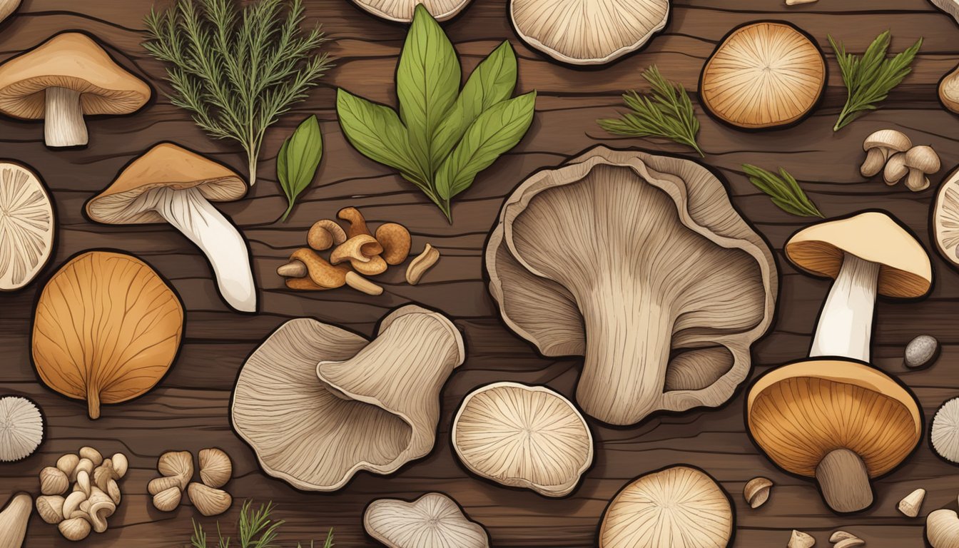 A variety of dried mushrooms arranged on a rustic wooden cutting board, surrounded by fresh herbs and spices. The warm, earthy colors and textures create an inviting and wholesome scene