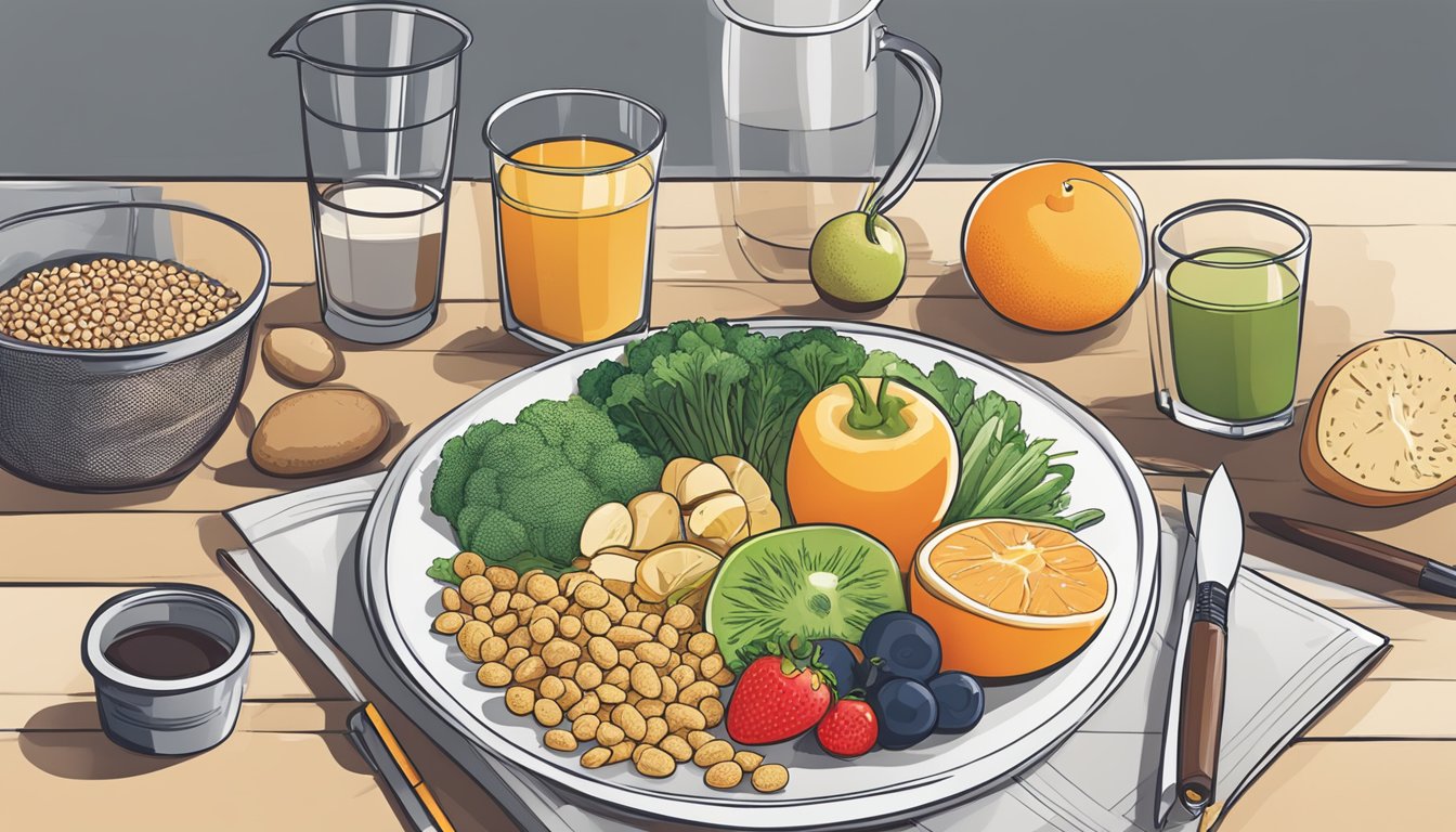 A table set with a balanced meal, including fruits, vegetables, lean protein, and whole grains. A journal and pen sit nearby for tracking progress