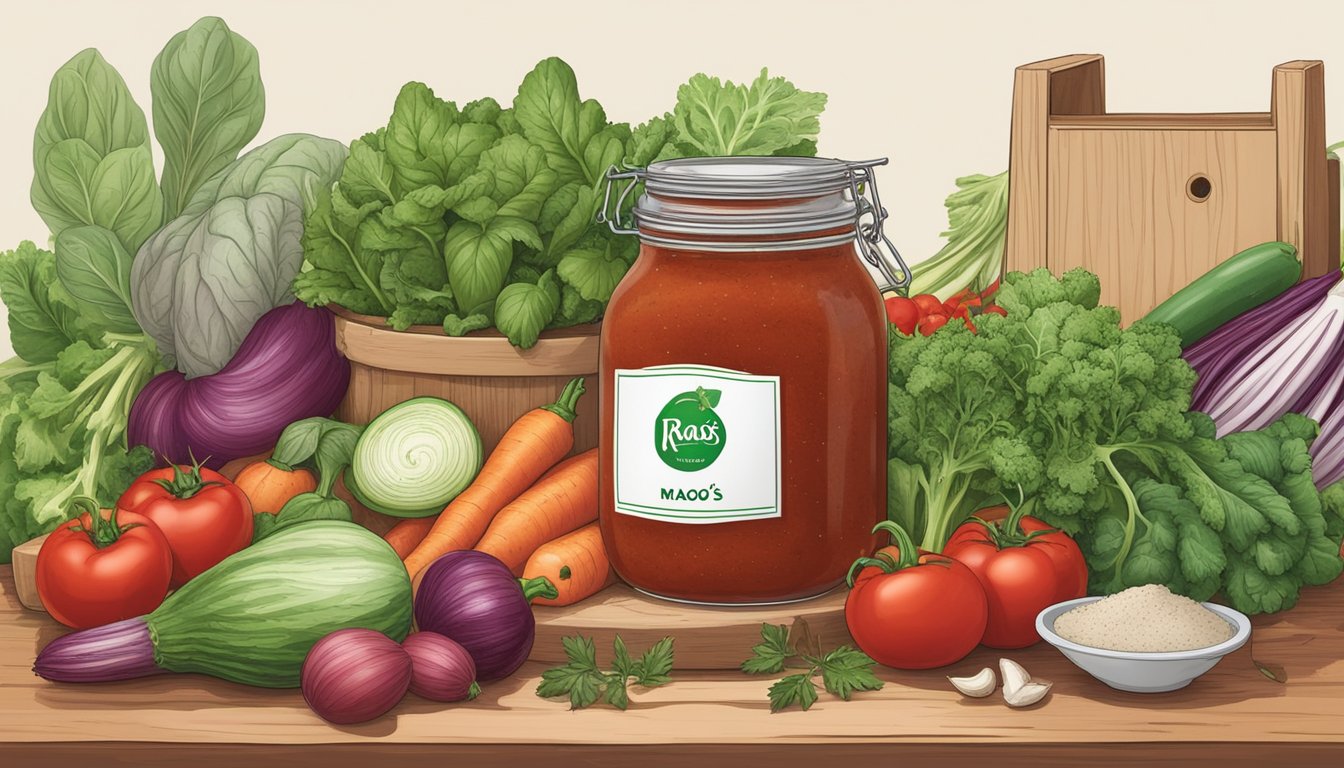 A jar of Rao's homemade marinara sauce surrounded by fresh, vibrant vegetables and herbs, with a compost bin nearby