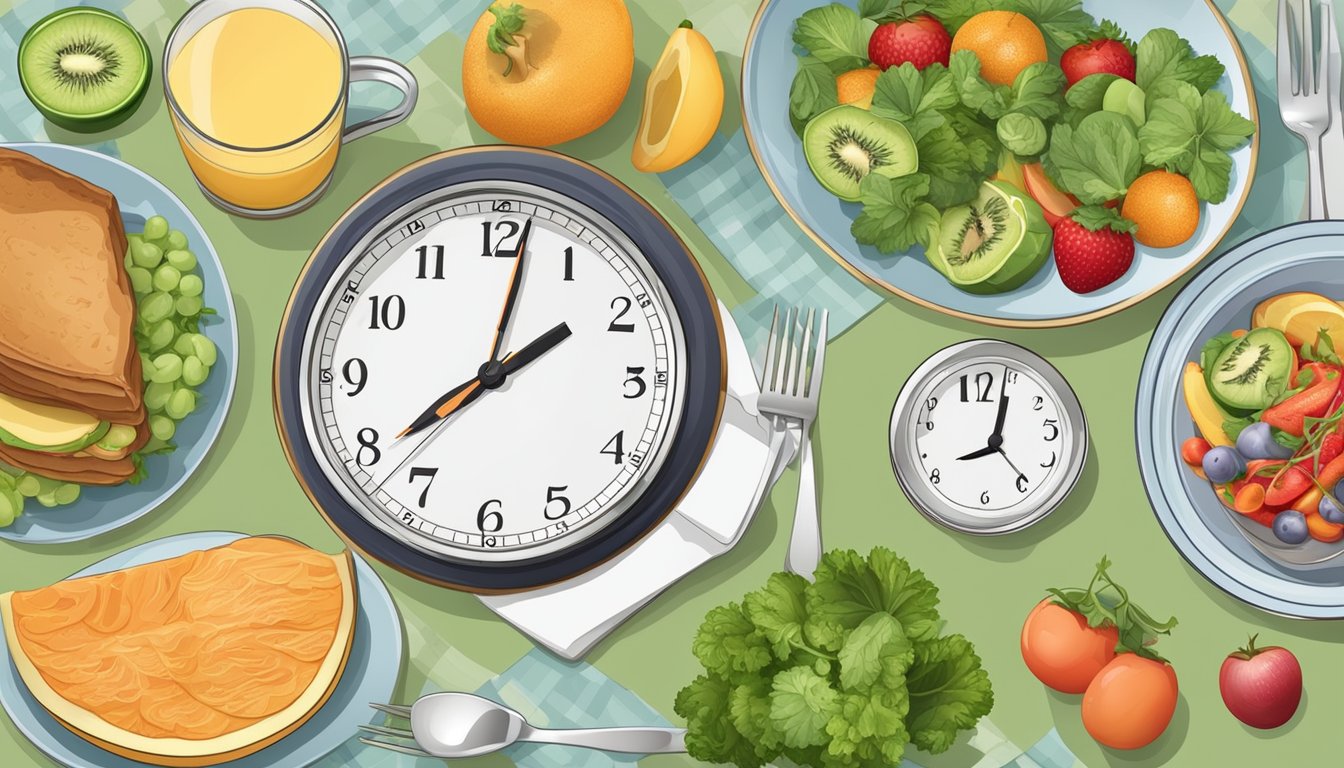 A table set with a balanced meal including fruits, vegetables, and lean protein, surrounded by a clock showing the time for breaking the fast