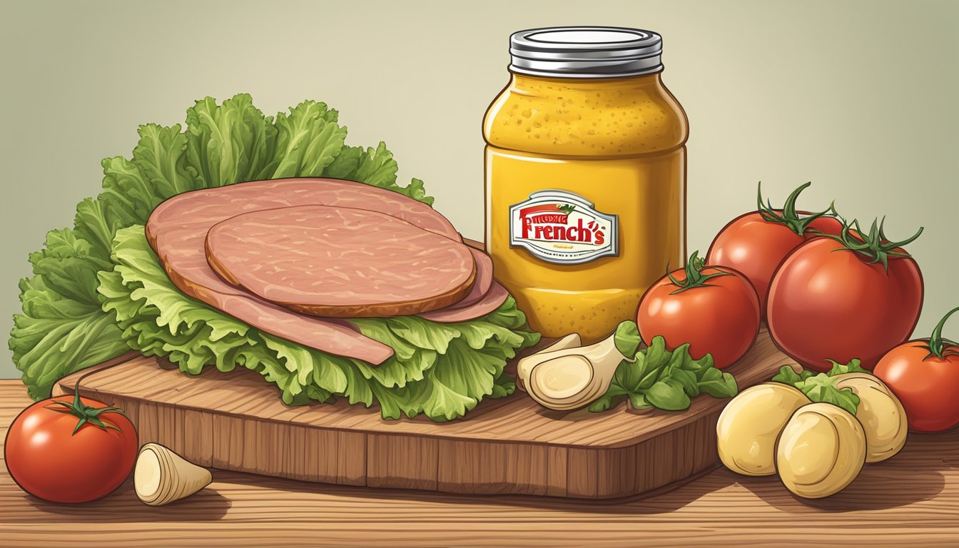 A jar of French's Classic Yellow Mustard surrounded by fresh ingredients like tomatoes, lettuce, and deli meats on a wooden cutting board