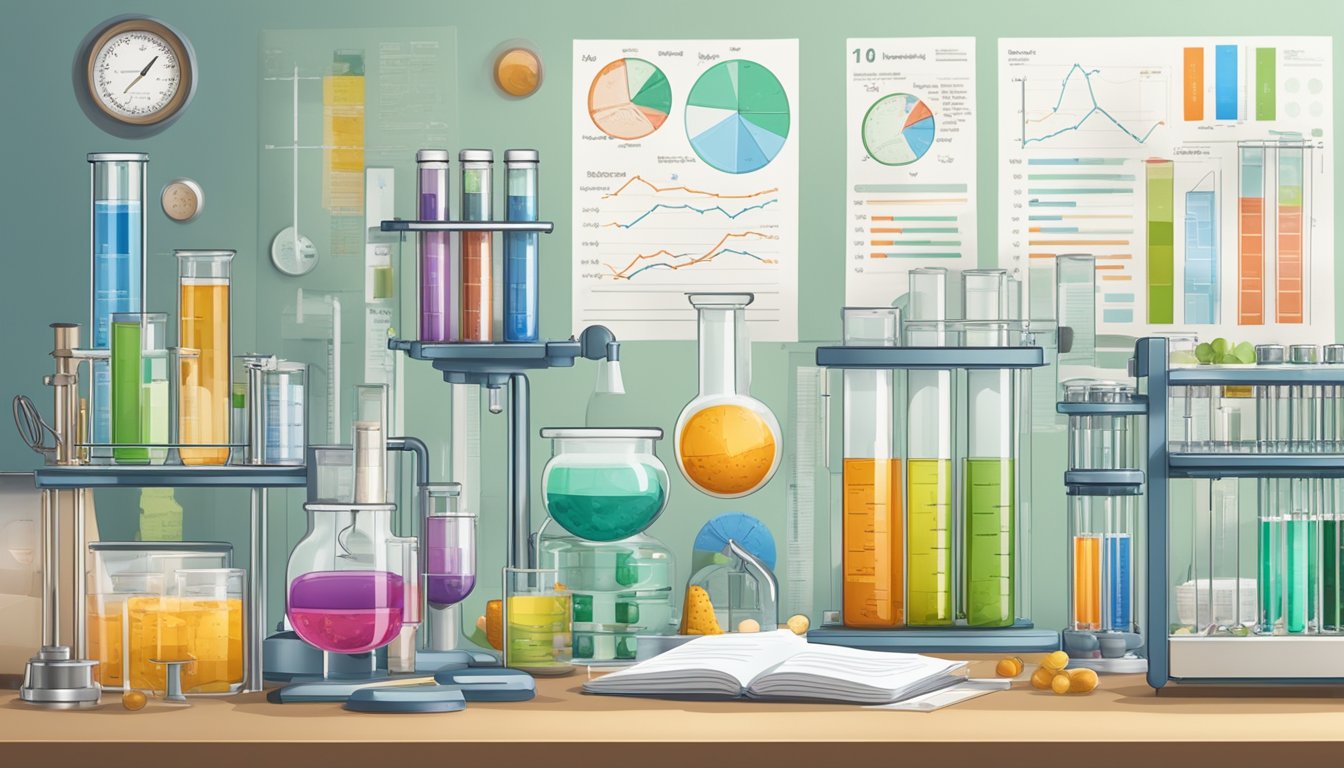 A laboratory setting with test tubes, petri dishes, and scientific equipment, surrounded by charts and graphs comparing the effects of alternate day fasting and daily calorie restriction on biological markers