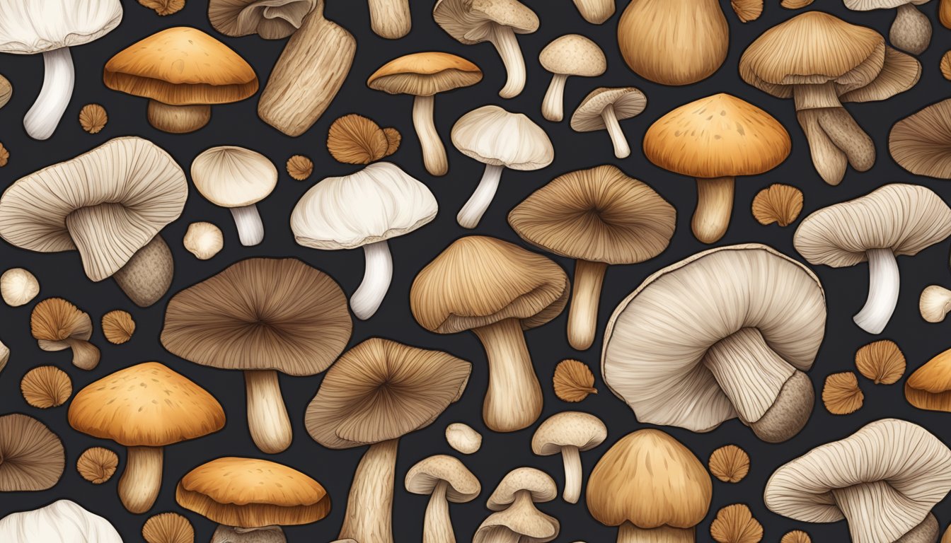 A variety of dried mushrooms arranged on wooden cutting board