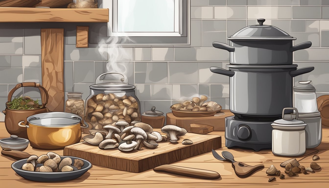 A rustic kitchen counter with various packages of dried mushrooms, a cutting board, and a knife. A steaming pot on the stove