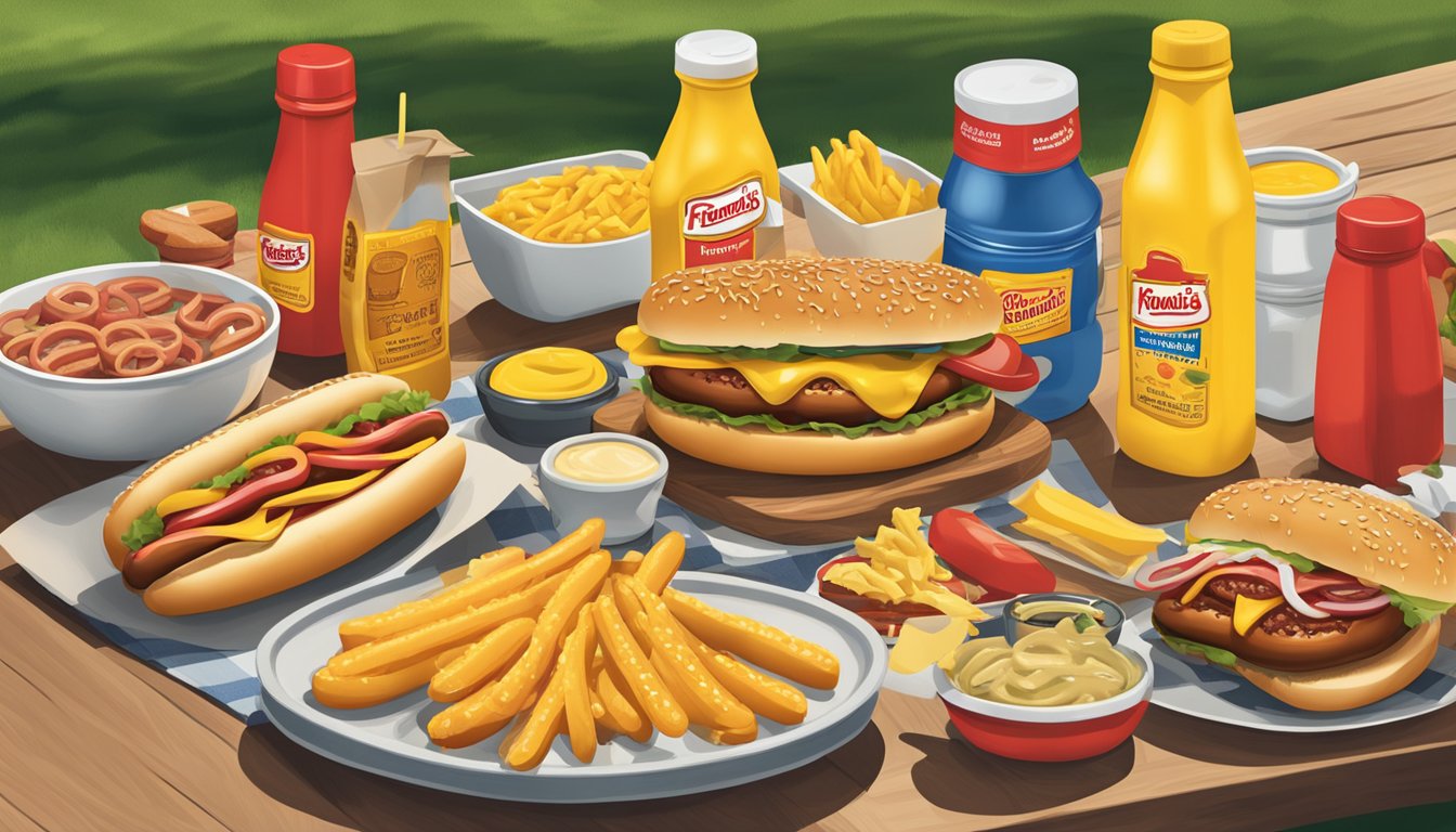 A picnic table spread with hot dogs, hamburgers, and condiments. A bottle of French's Classic Yellow Mustard prominently displayed among other condiments