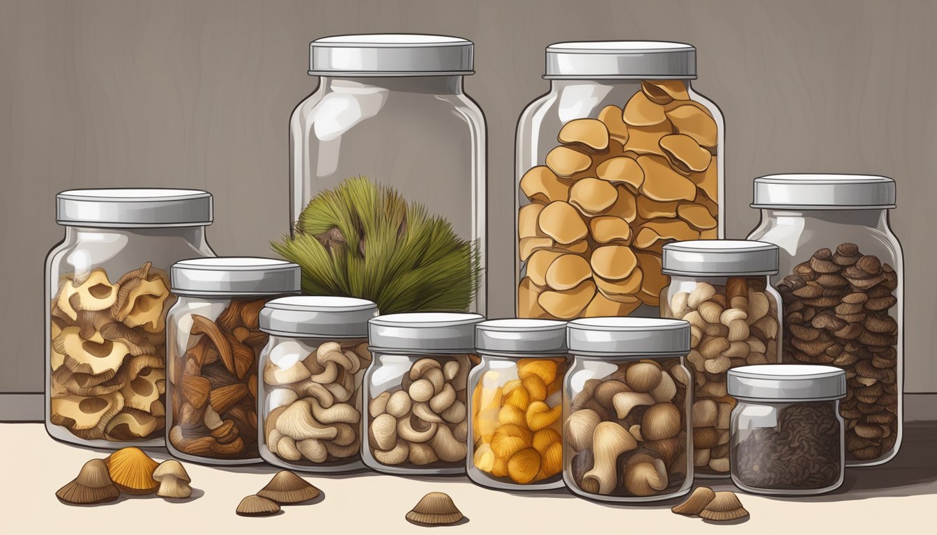 Dried mushrooms arranged in airtight jars on a wooden shelf