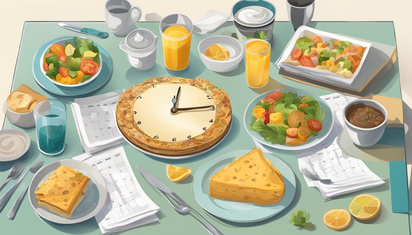 A table with two plates, one with a full day's worth of food and the other with half, surrounded by a calendar and a clock