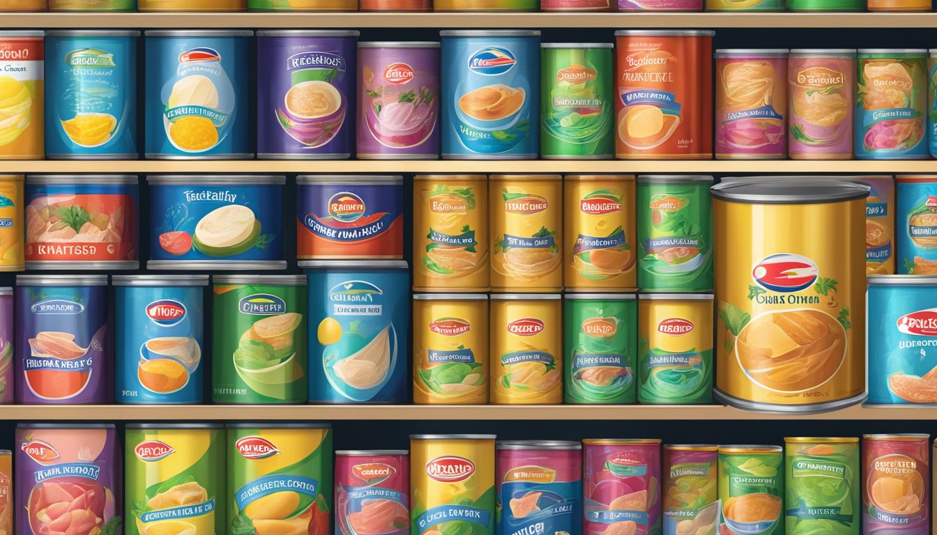 A variety of colorful canned tuna brands displayed on a shelf in a grocery store