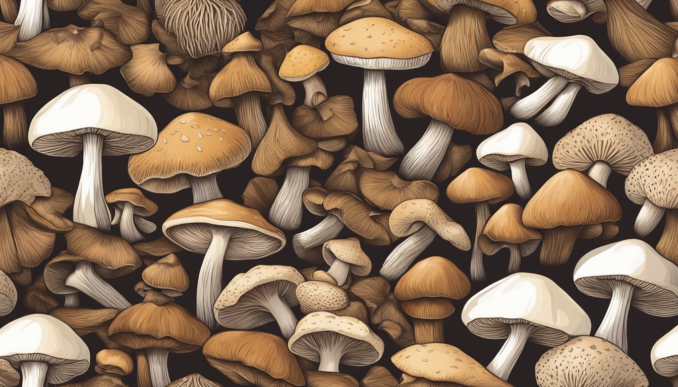 A pile of fresh mushrooms next to a pile of dried mushrooms, with a spotlight highlighting the differences in texture and color