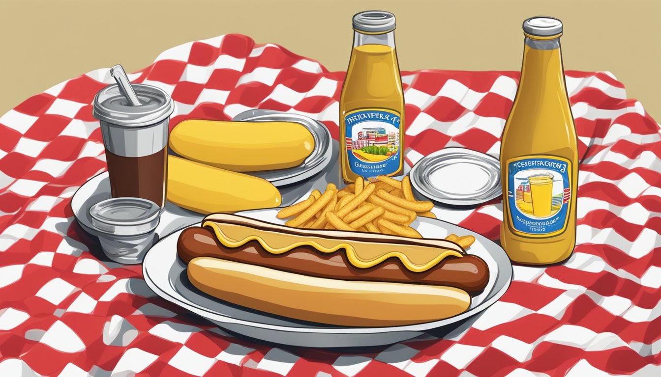 A picnic spread with a hot dog topped with French's Classic Yellow Mustard, surrounded by condiment bottles and a checkered tablecloth