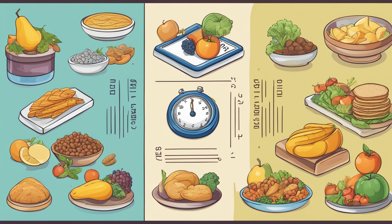 A split image of two scales, one with food and the other with a calendar, surrounded by symbols of food and time