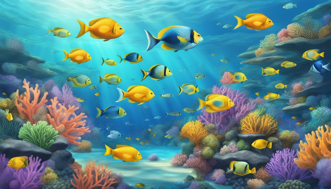 A serene underwater scene with a school of colorful fish swimming around a large, healthy coral reef, surrounded by clear blue water