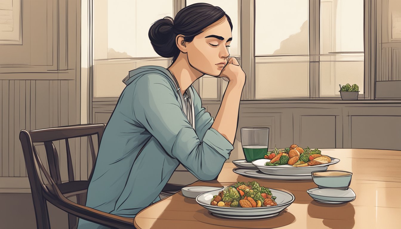 A person sitting at a table, with one plate of food and another empty plate, looking contemplative and determined