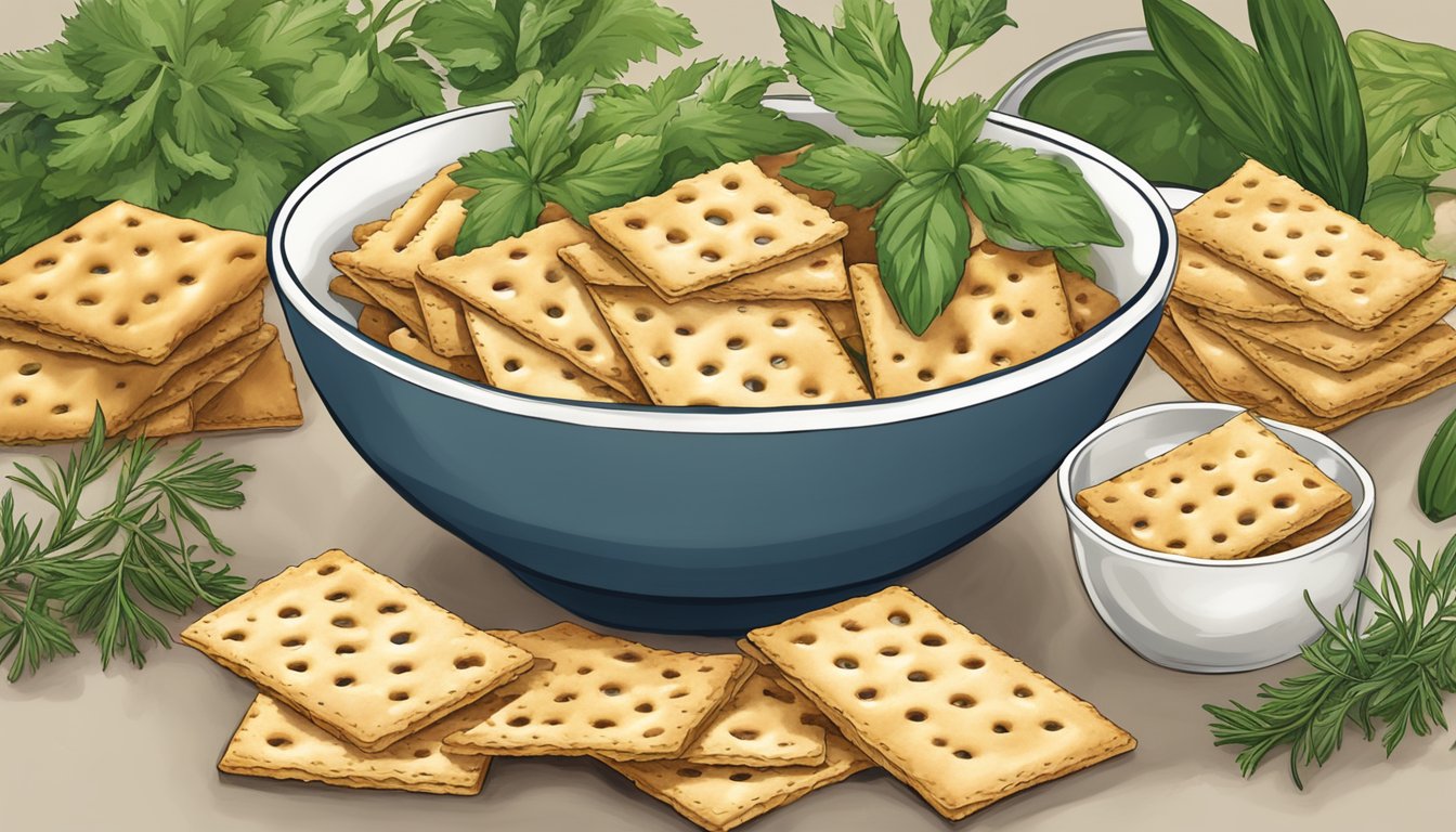 A bowl of Mary's Organic Crackers surrounded by fresh herbs