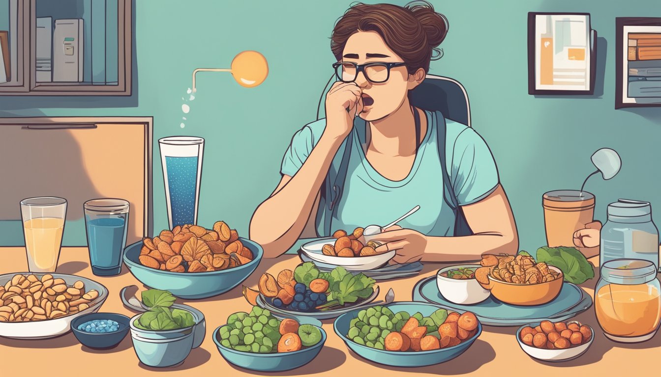 A person's stomach growls loudly as they sit at a desk, surrounded by healthy snacks and a glass of water. They appear determined to overcome their hunger pangs and brain fog through mindful eating and hydration