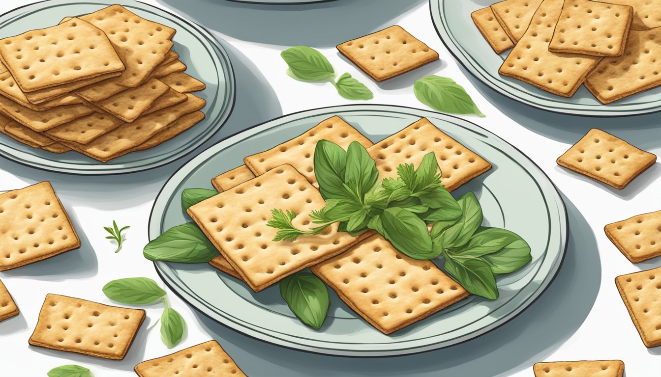 A plate of Mary's organic crackers topped with fresh herbs