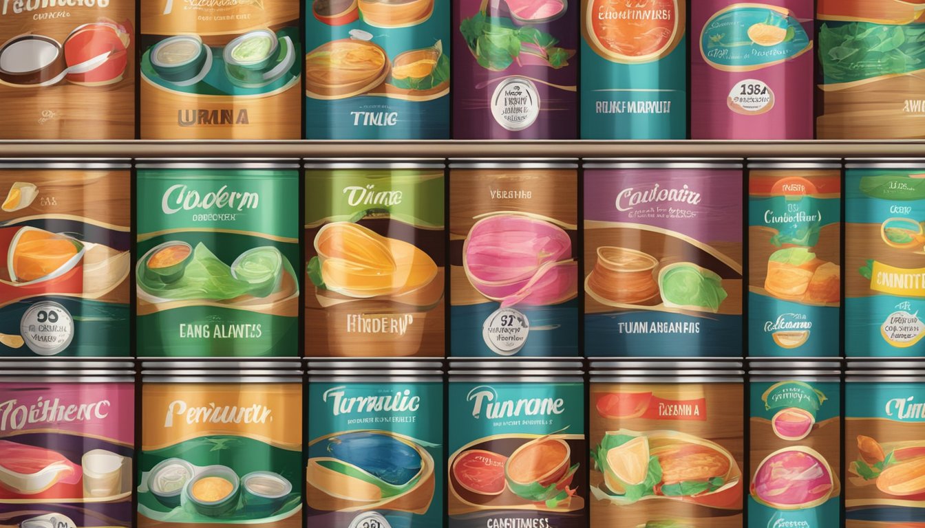 A variety of colorful cans of tuna arranged in a neat row on a wooden shelf, with labels displaying different brand names