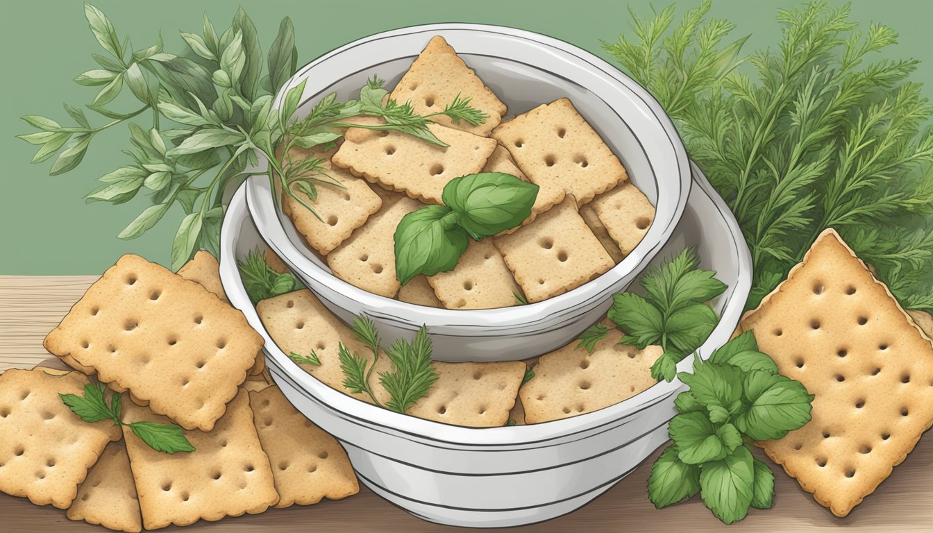 A bowl of Mary's Organic Crackers Herb surrounded by fresh herbs and a nutrition label