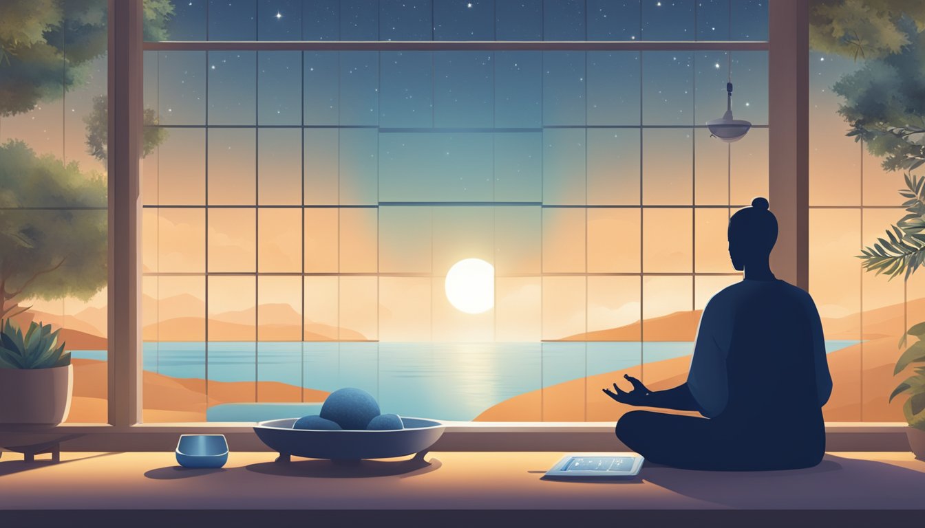 A serene, meditative setting with a scale, calendar, and a person's silhouette in the background, symbolizing the psychological impact of alternate day fasting