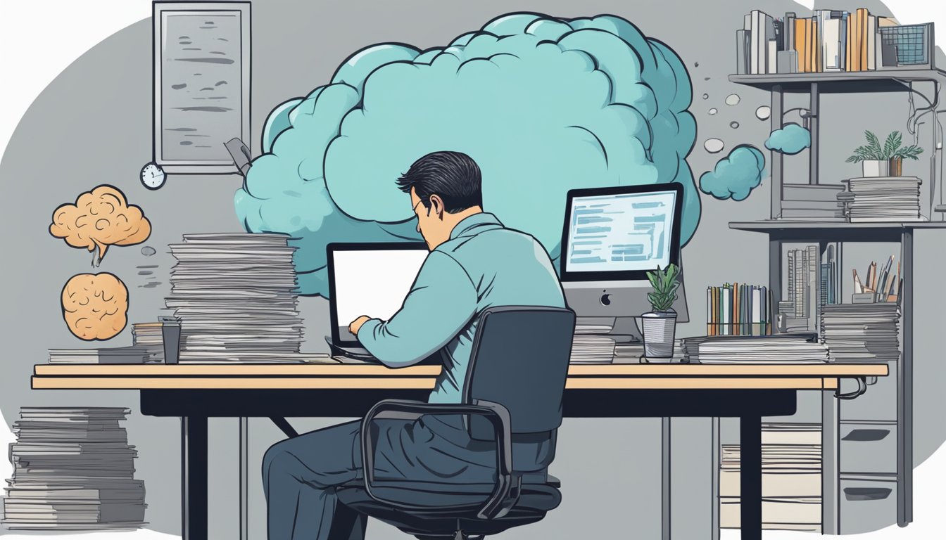 A person sitting at a desk with a computer, looking fatigued and struggling to concentrate, while a thought bubble above their head shows hunger pangs and brain fog