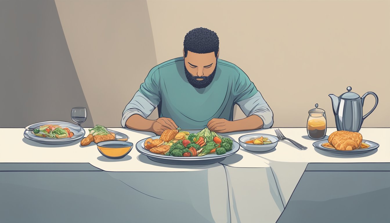 A person sitting at a table, with one plate of food on one day and an empty plate on the next, representing the psychological impact of alternate day fasting