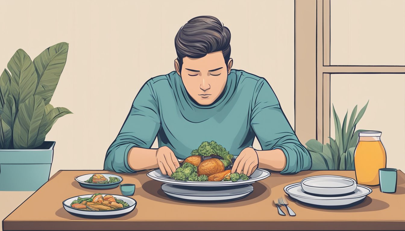 A person sitting at a table with a plate of food on one side and an empty plate on the other, appearing contemplative