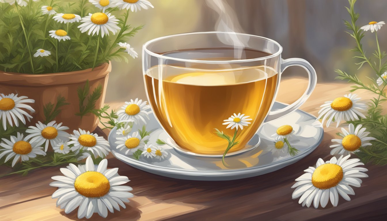 A warm cup of chamomile tea sits on a cozy table next to a blooming chamomile plant, creating a soothing and comforting atmosphere