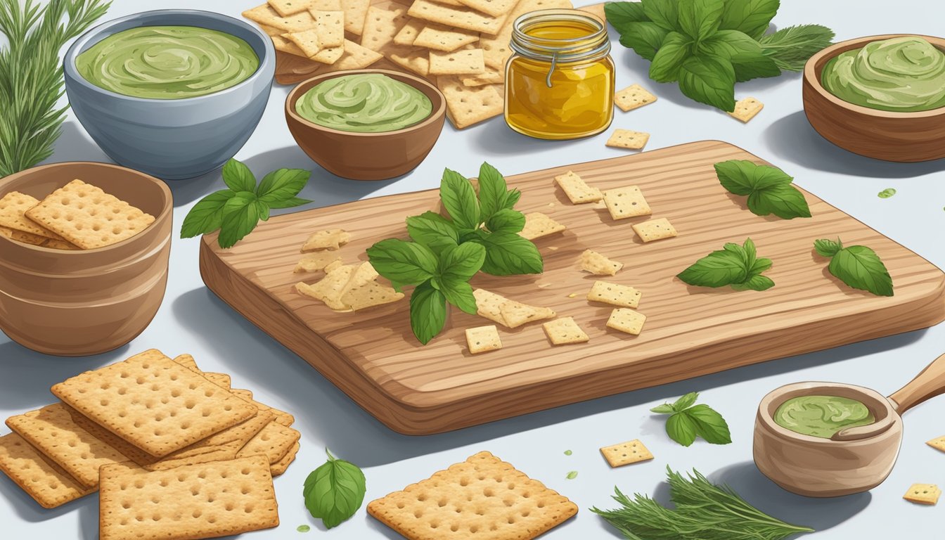 A wooden cutting board with a variety of Mary's organic crackers scattered around a small bowl of herb-infused spread