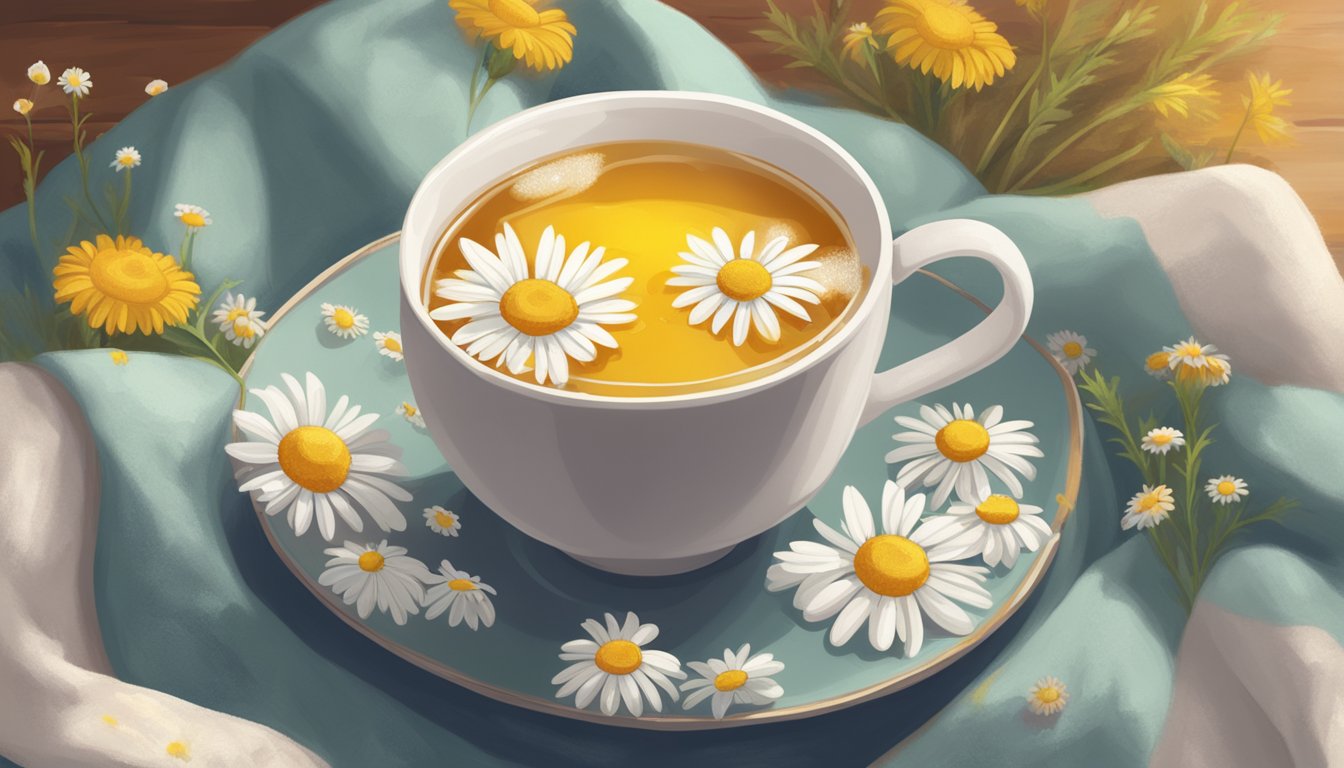 A steaming mug of chamomile Yogi tea surrounded by fresh chamomile flowers and a warm, cozy blanket