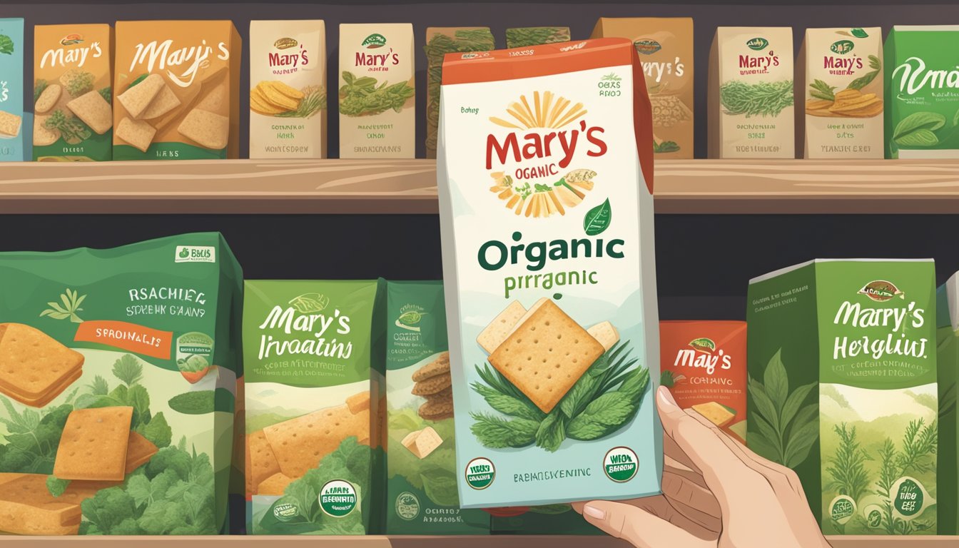 A hand reaching for a box of Mary's Organic Herb Crackers on a grocery store shelf