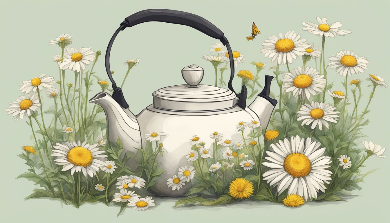 A serene garden with blooming chamomile flowers, a cozy teapot, and eco-friendly packaging made from recycled materials