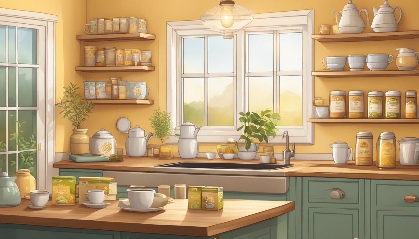 A cozy kitchen shelf with rows of Yogi Tea Comforting Chamomile boxes, surrounded by warm lighting and calming decor