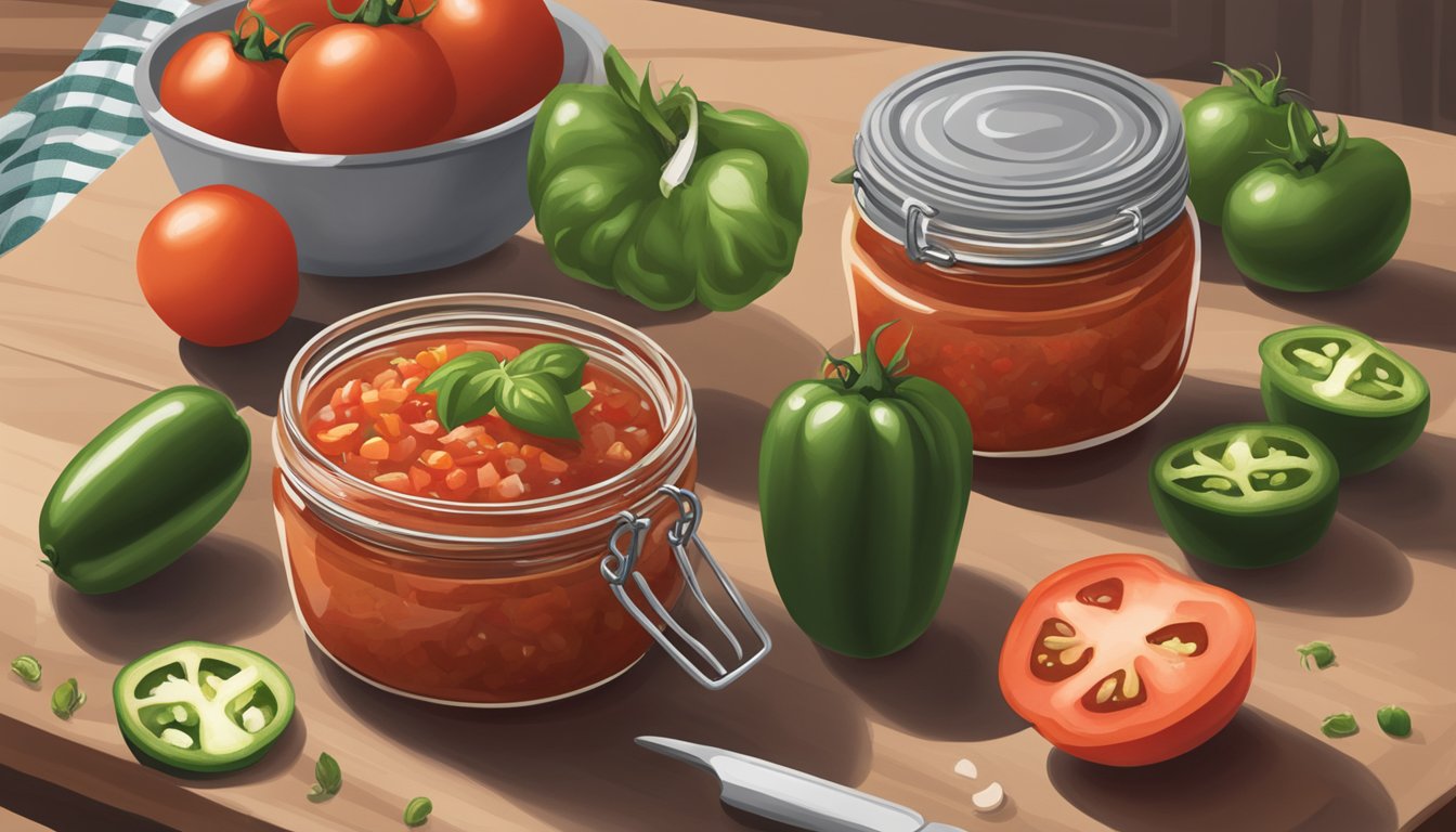 A jar of chunky salsa sits on a kitchen counter, surrounded by fresh tomatoes, onions, and jalapeños