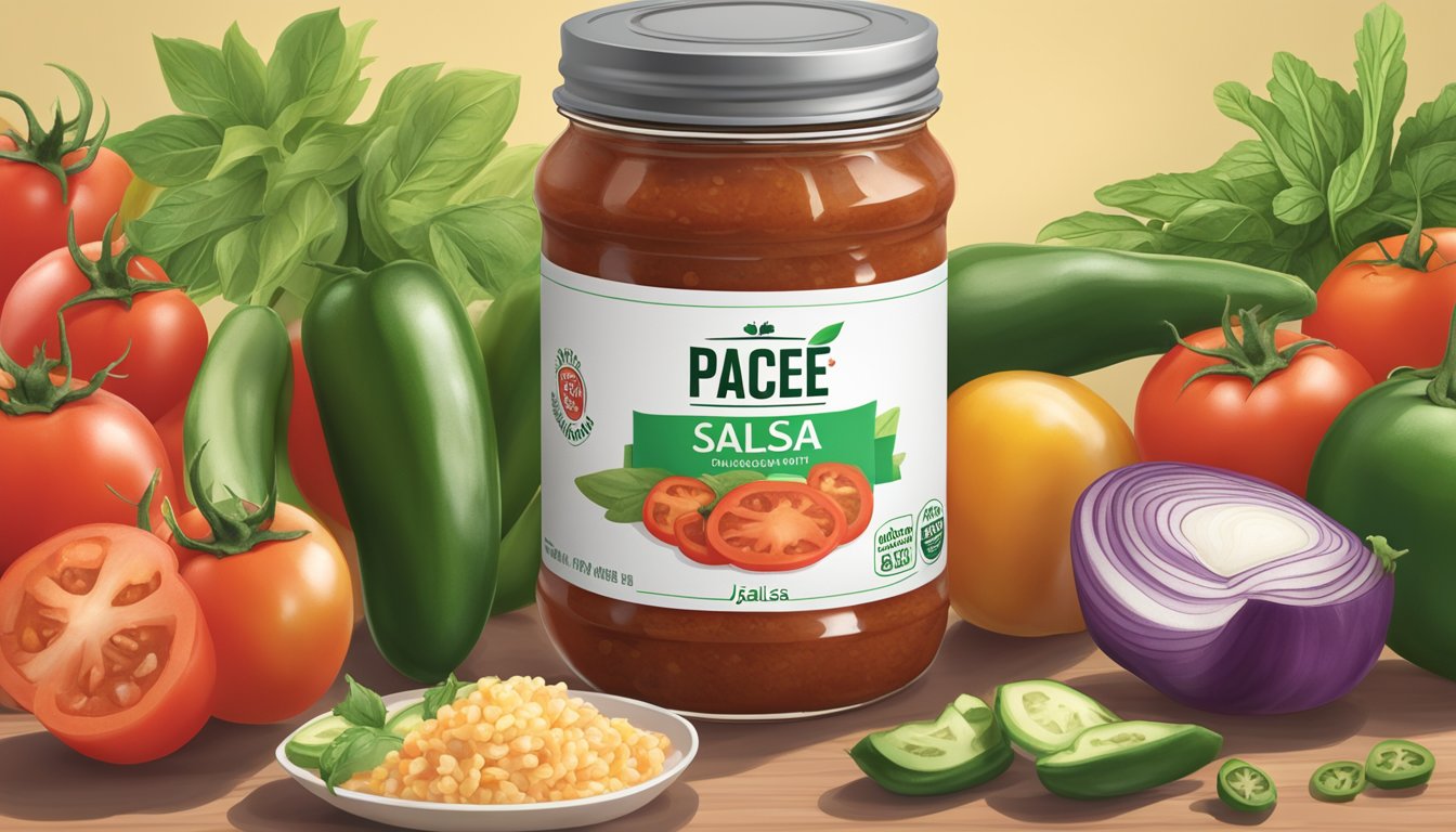 A jar of Pace chunky salsa surrounded by fresh ingredients like tomatoes, onions, and jalapeños, with a nutrition label visible on the jar