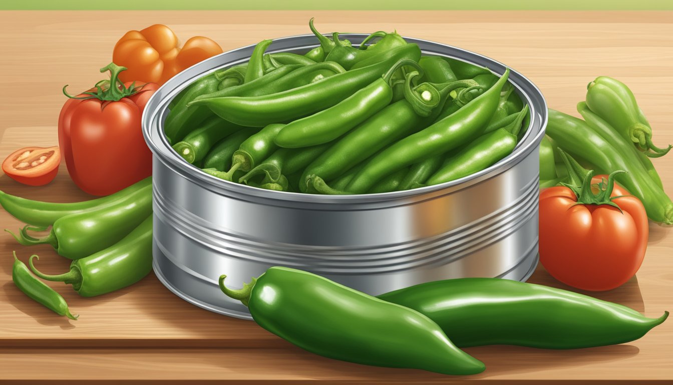 A can of Ortega diced green chiles surrounded by fresh green peppers and tomatoes on a wooden cutting board