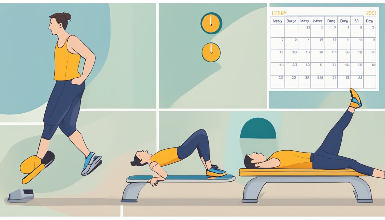 A person exercising vigorously on one day, then resting the next, with a calendar showing alternating days