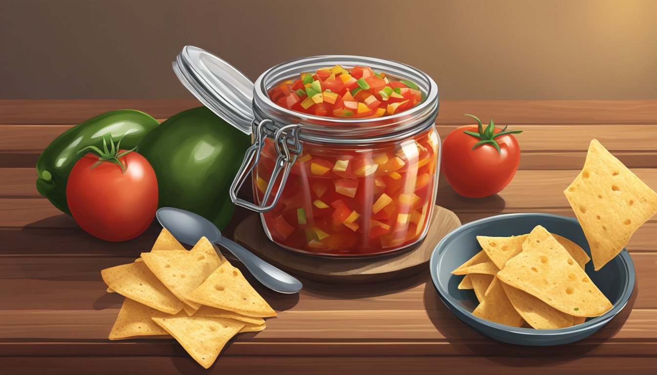 A jar of medium chunky salsa sits on a wooden table, accompanied by a bowl of tortilla chips and a serving spoon