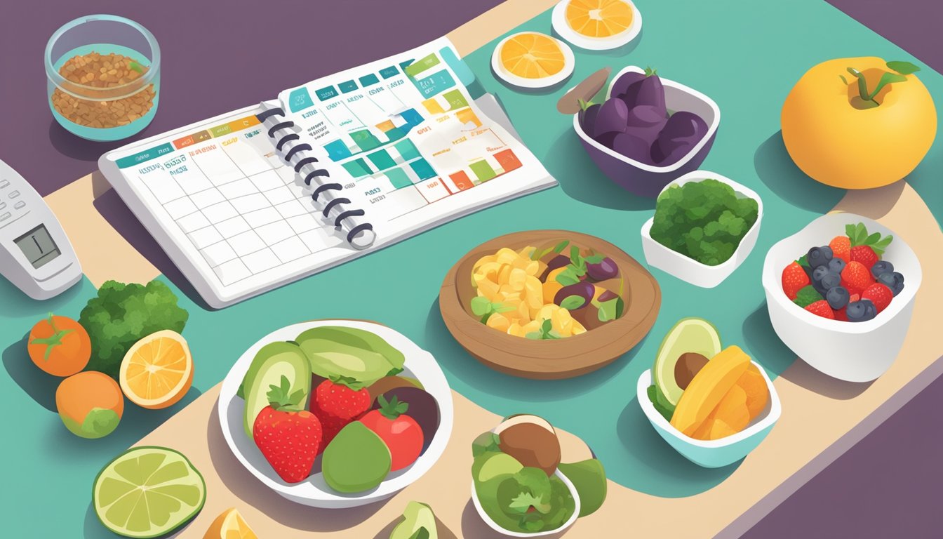 A table filled with healthy, colorful foods, a calendar with alternating dates highlighted, and a scale showing weight loss