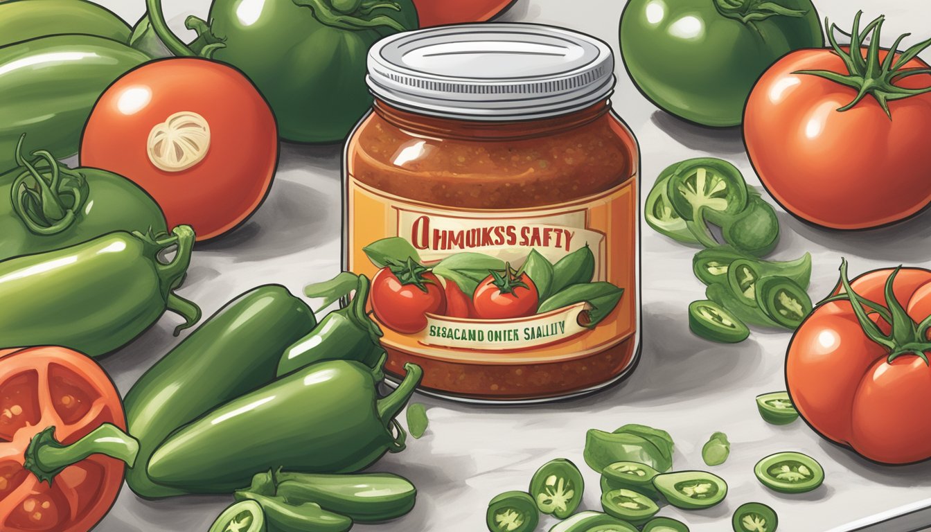 A jar of chunky salsa sits on a clean, white countertop, surrounded by fresh tomatoes, onions, and jalapenos. The label proudly displays "Product Safety and Quality."