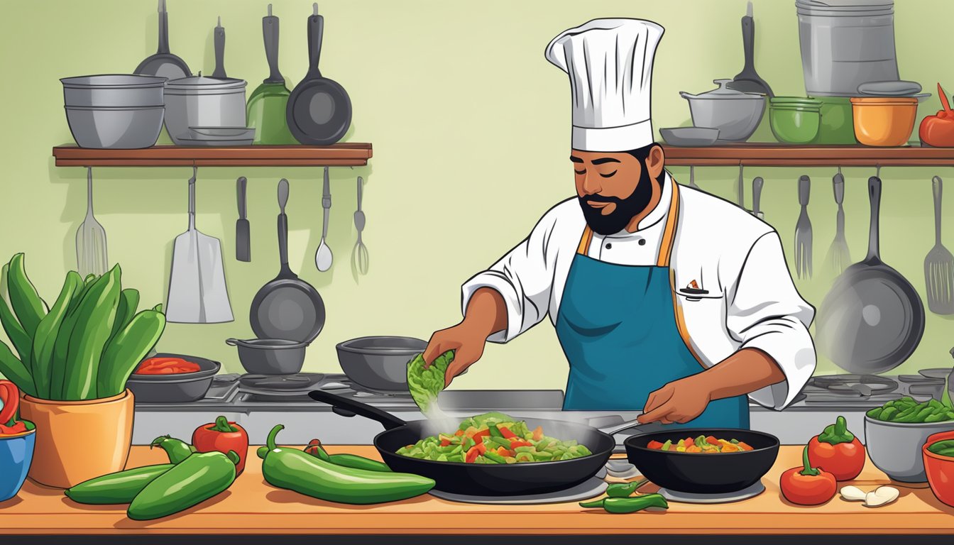 A chef adding ortega diced green chiles to a sizzling skillet of fajitas