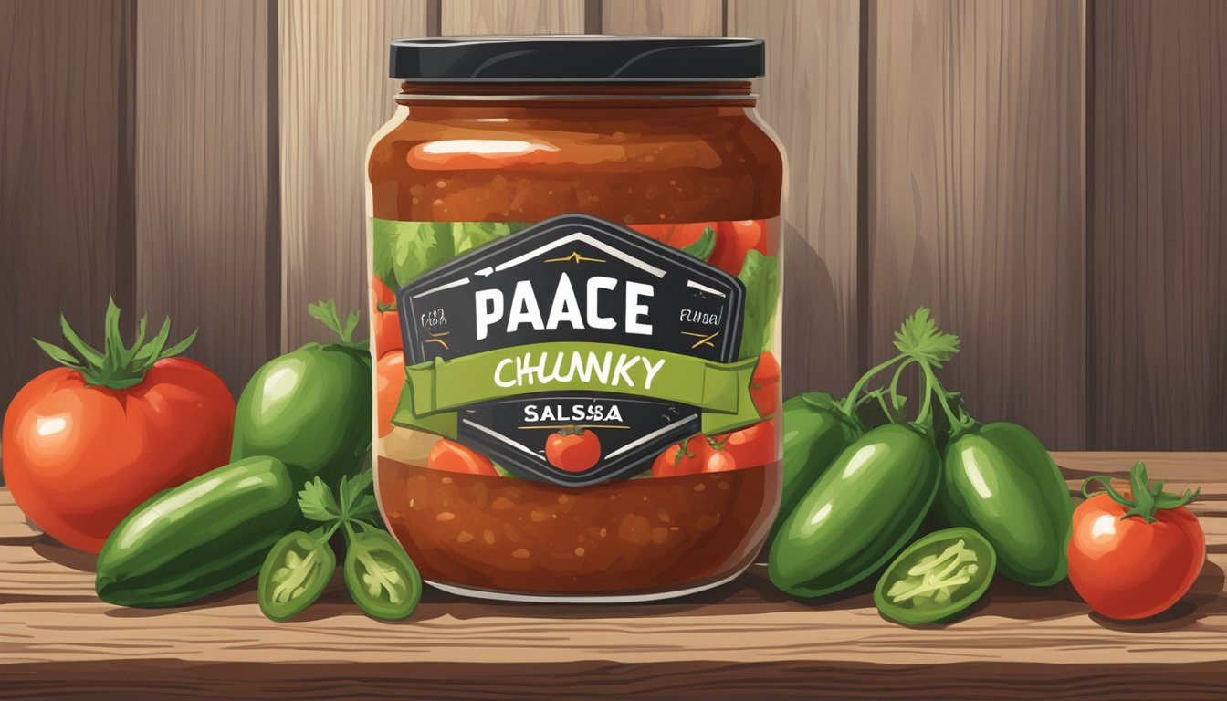 A jar of Pace chunky salsa sits on a rustic wooden table, surrounded by fresh tomatoes, cilantro, and jalapeños. A banner with the brand's legacy and promise hangs in the background