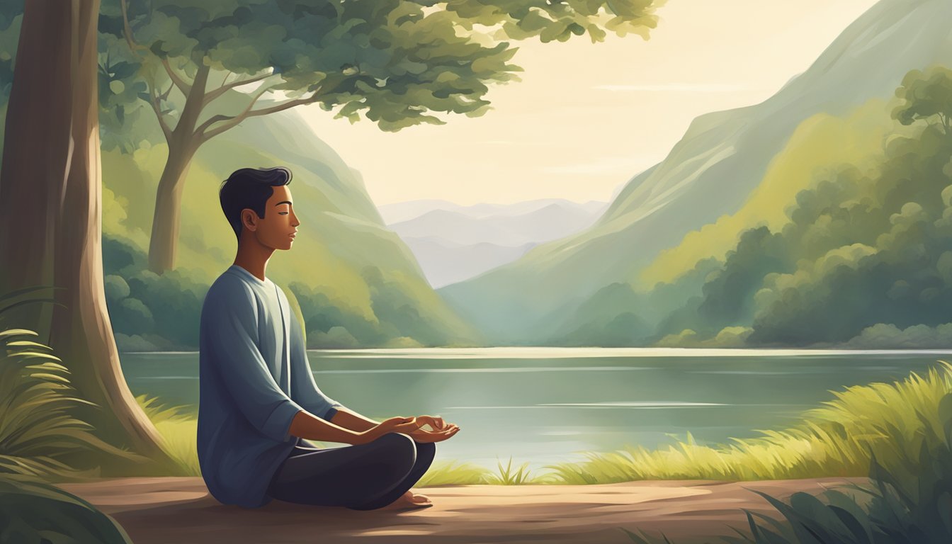 A serene person meditating in a peaceful setting, surrounded by nature and a sense of calm and introspection