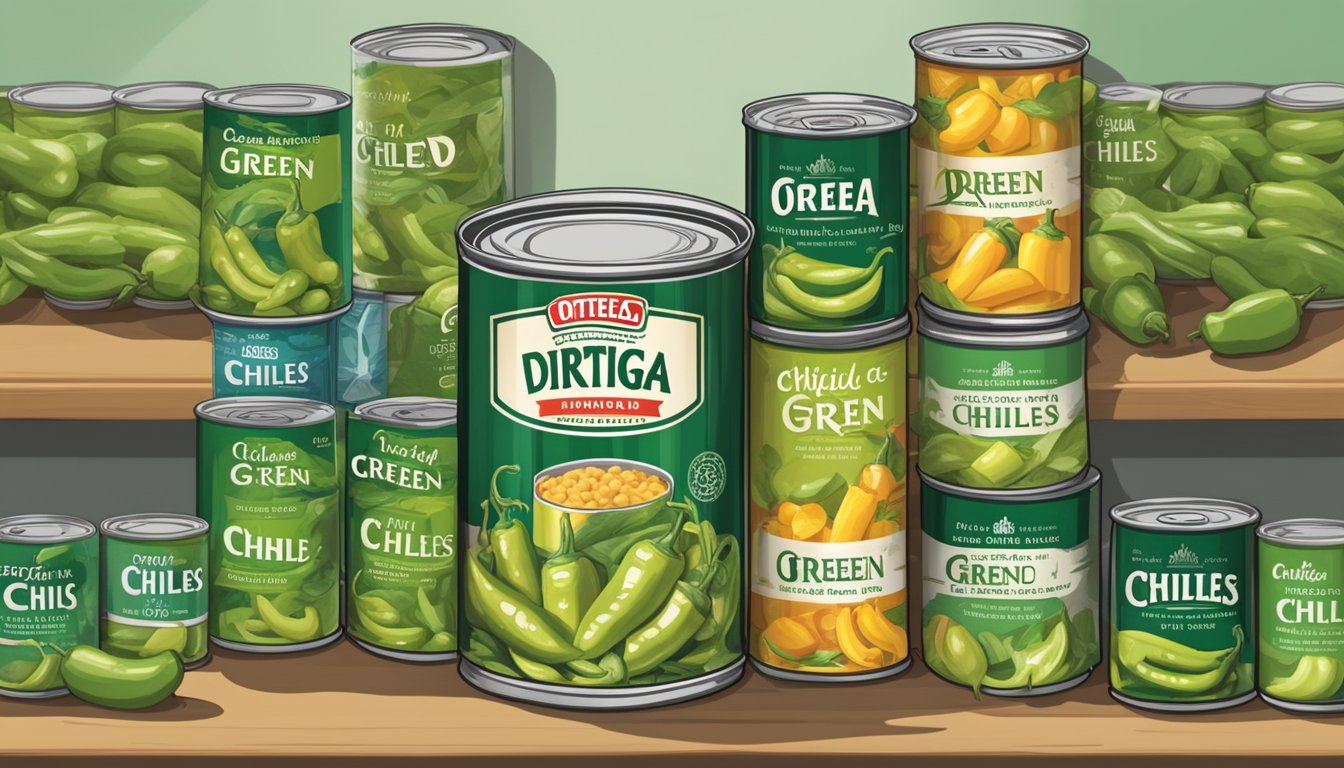 A can of Ortega diced green chiles sits on a pantry shelf next to other canned goods. The label is facing forward, and the can is surrounded by a few loose chiles