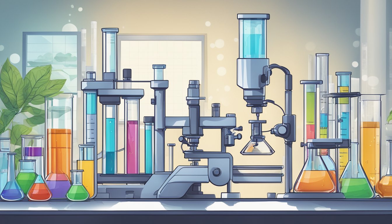 A lab setting with test tubes, microscopes, and scientific equipment. A graph showing hormone levels fluctuating. A person fasting every other day