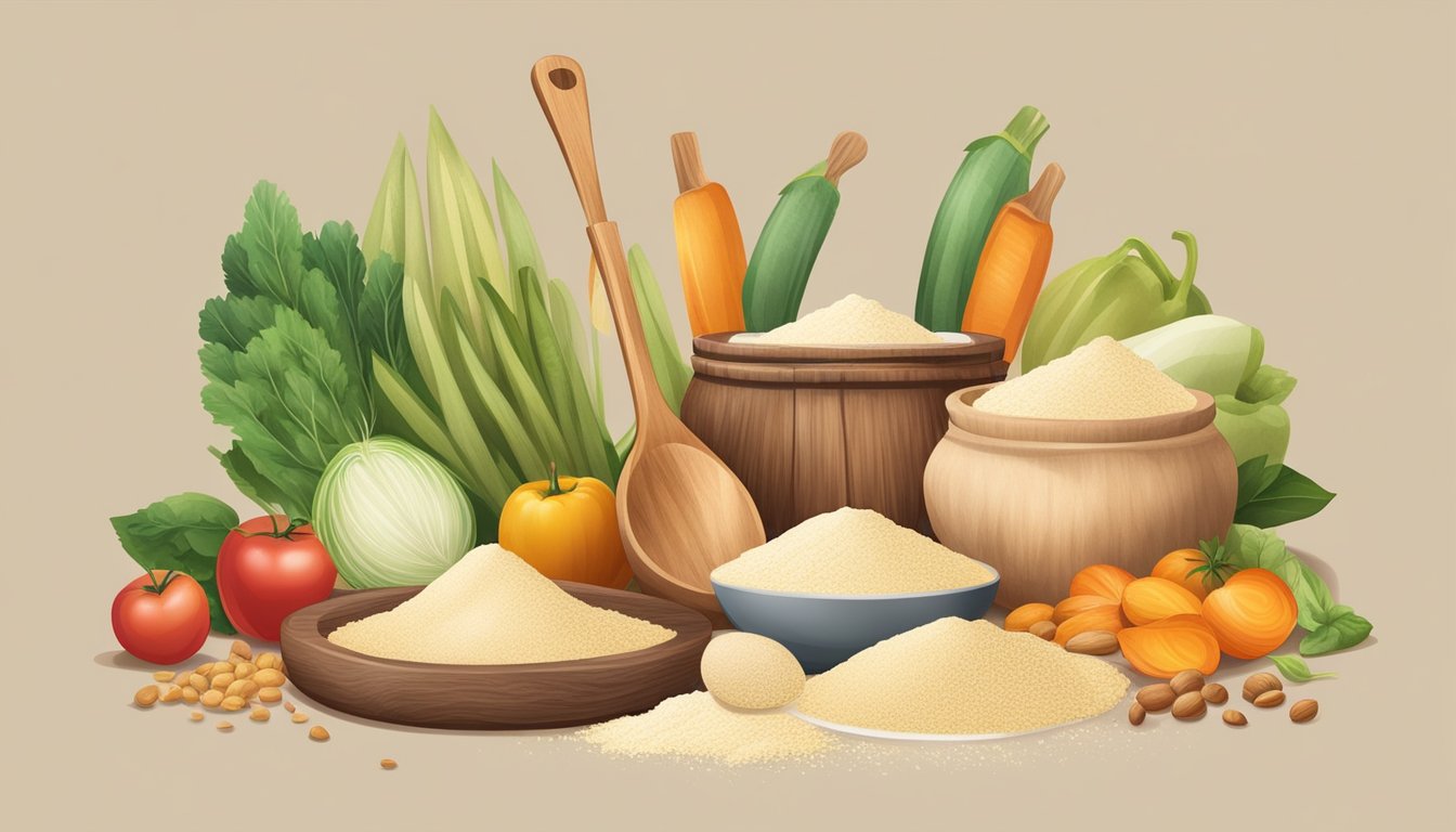 A wooden spoon scoops tigernut flour from a bag, surrounded by fresh produce and cooking utensils