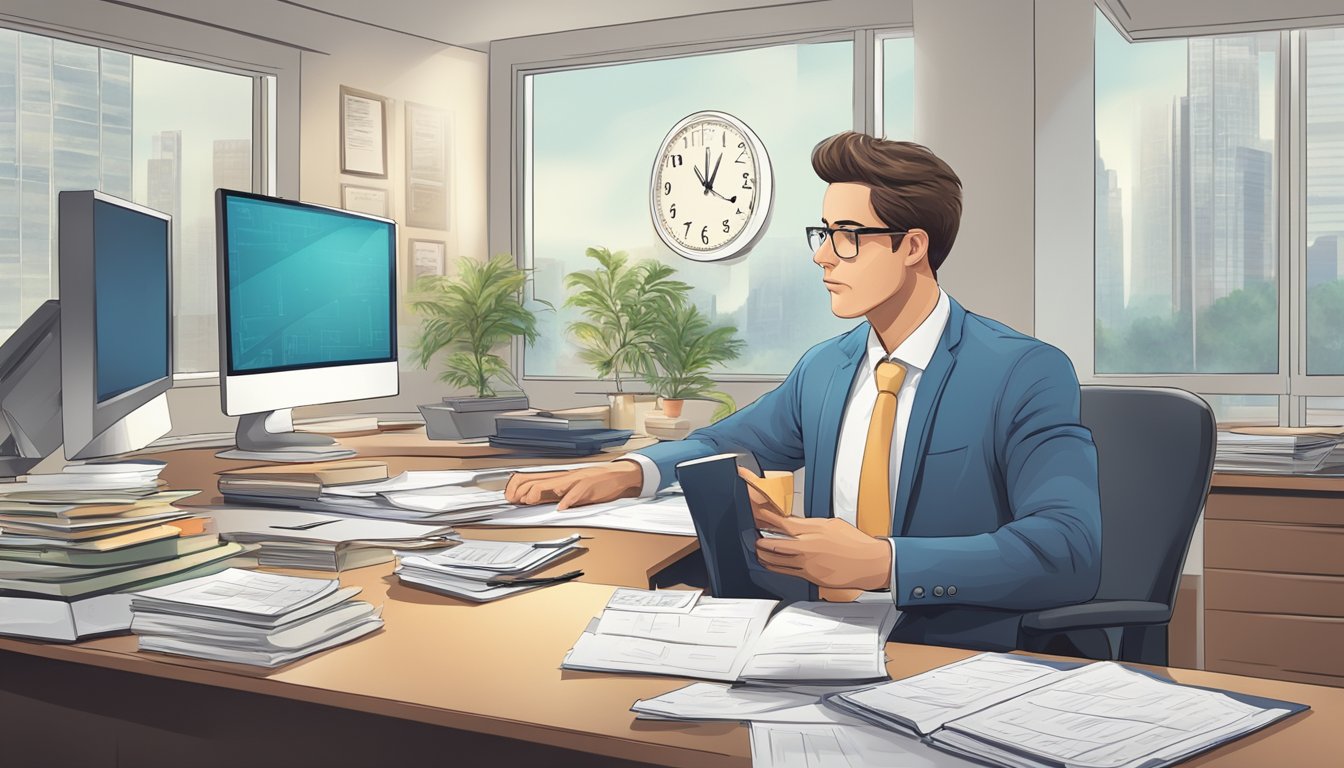 A busy professional in an office setting, with a clock showing the passing of time, and a structured schedule for fasting and work