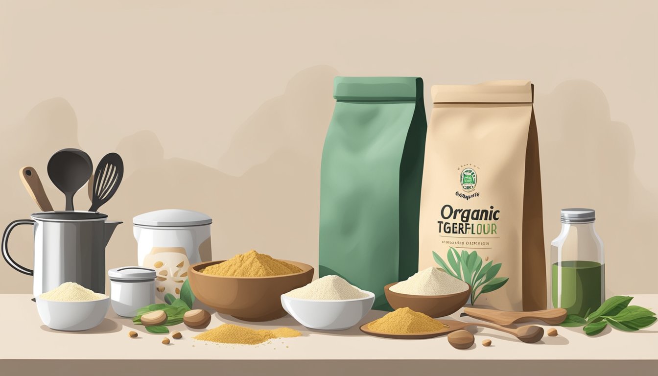 A kitchen counter with a bag of organic Gemini tigernut flour surrounded by various ingredients and cooking utensils